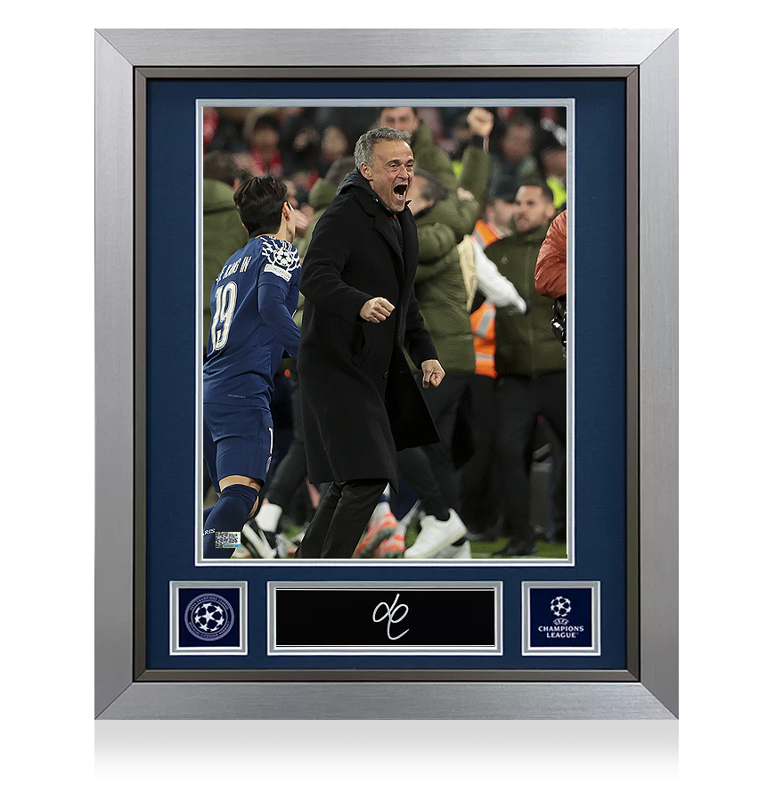 Placa y marco de fotos oficial firmados por Luis Enrique de la UEFA Champions League: Victoria icónica del PSG en Anfield