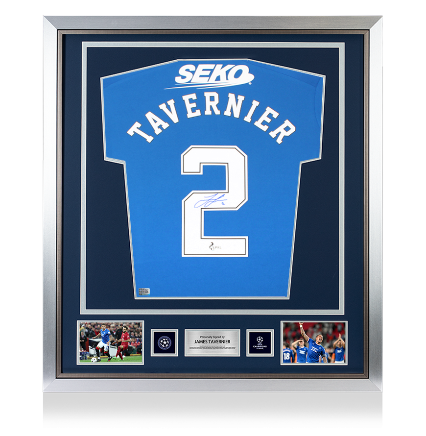 James Tavernier Official UEFA Champions League Back Signed and Framed Rangers FC 2022-23 Home Shirt