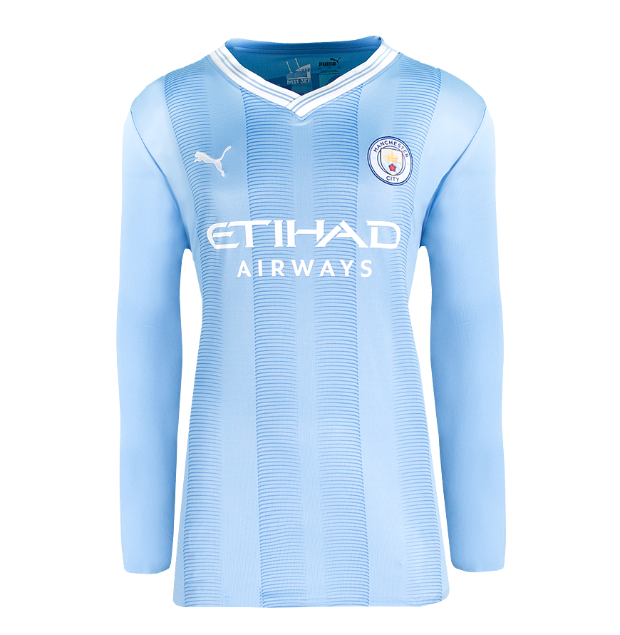 Camiseta oficial de local del Manchester City 2023-24 firmada y enmarcada por John Stones de la UEFA Champions League