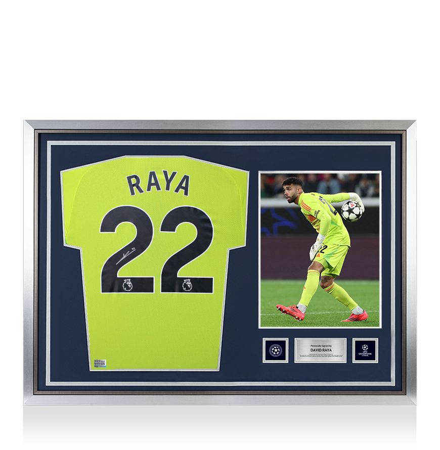David Raya ufficiale UEFA Champions League Back Firmato e Hero incorniciata l'Arsenal 2024-25 Portiere per la casa