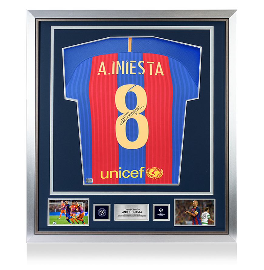 Andrés Iniesta Official UEFA Champions League Back Signed and Framed FC Barcelona 2016-17 Home Shirt
