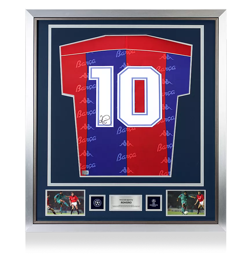 Romario officiel de l'UEFA Champions League en arrière signé et encadré FC Barcelone 1992-95