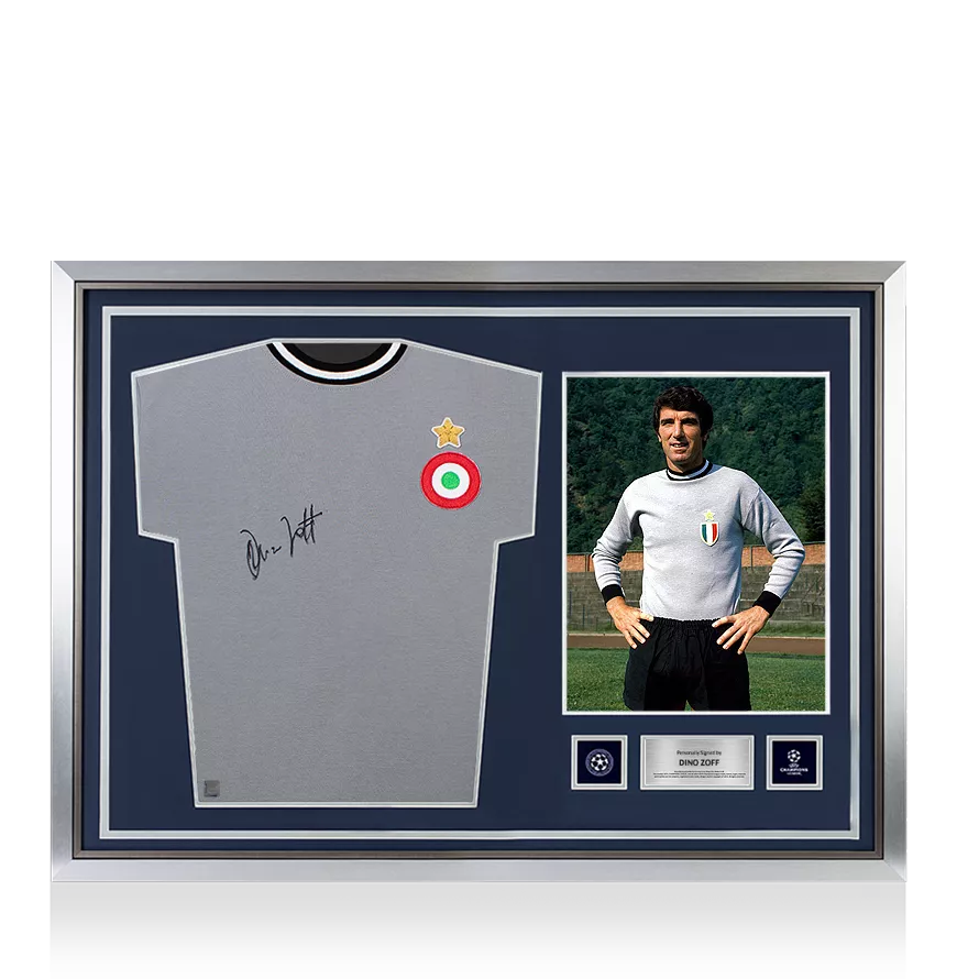 Dino Zoff ufficiale UEFA Champions League Front firmato e Hero incorniciata Juventus Retro Home Shirt