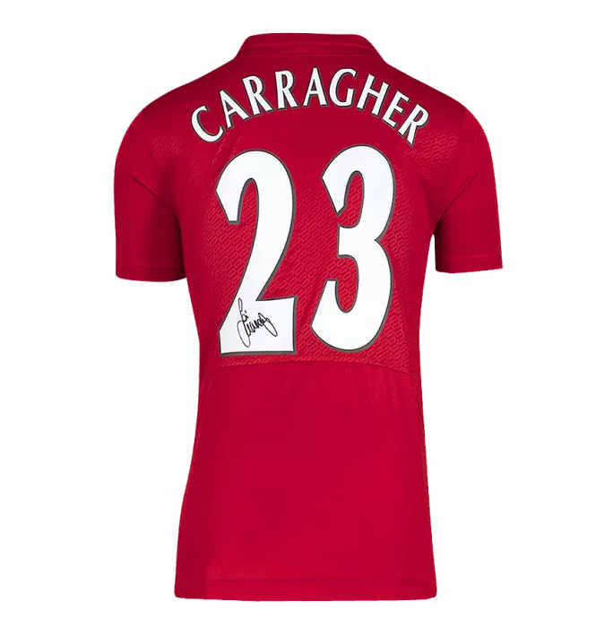 Jamie Carragher officiel de l'UEFA Champions League en arrière a signé et encadré la chemise à domicile du Liverpool FC 2005