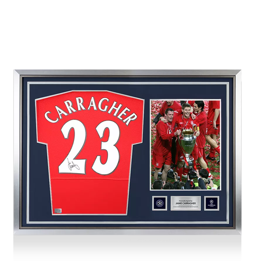 Jamie Carragher Offizielle UEFA Champions League Back unterschrieben und Held gerahmt Liverpool FC 2005 Home Shirt