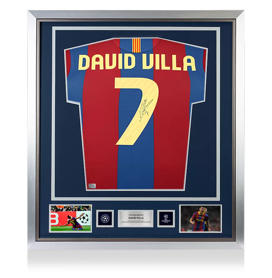 David Villa ufficiale UEFA Champions League Back ha firmato e incorniciato FC Barcelona 2010-11 camicia da casa con numero di stile fan