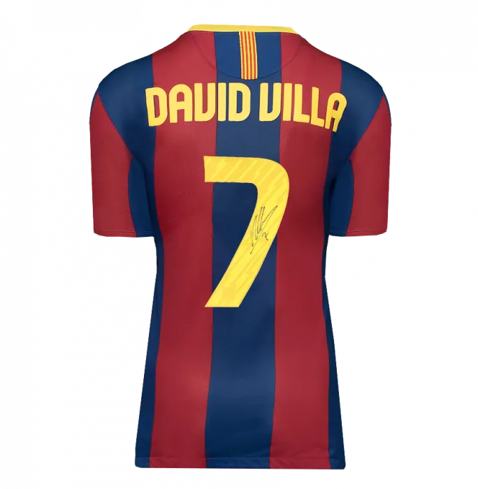 David Villa ufficiale UEFA Champions League Back ha firmato e incorniciato FC Barcelona 2010-11 camicia da casa con numero di stile fan