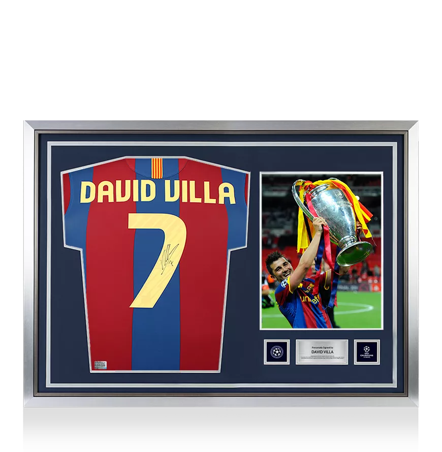 David Villa ufficiale UEFA Champions League Back Firmato e Hero incorniciata FC Barcelona 2010-11 camicia da casa con numero di stile fan