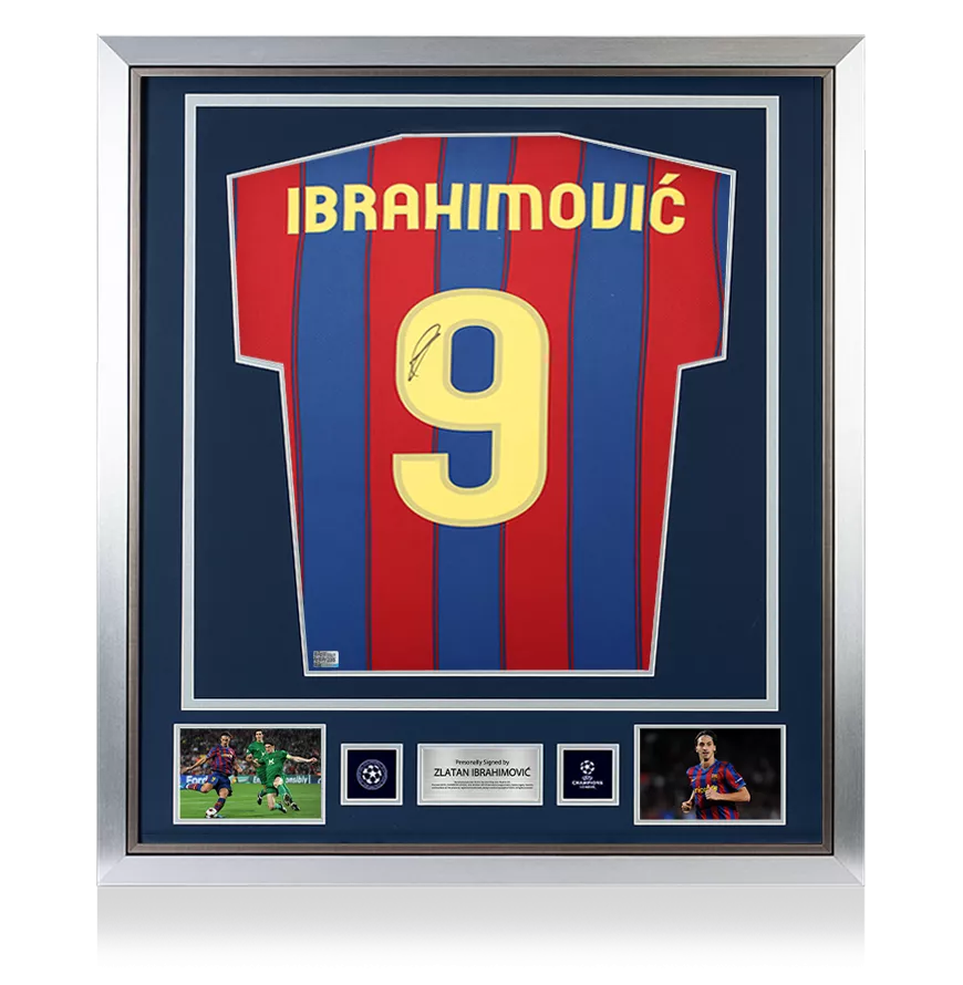 Zlatan Ibrahimovic Official UEFA Champions League en arrière signé et encadré FC Barcelone 2009-10