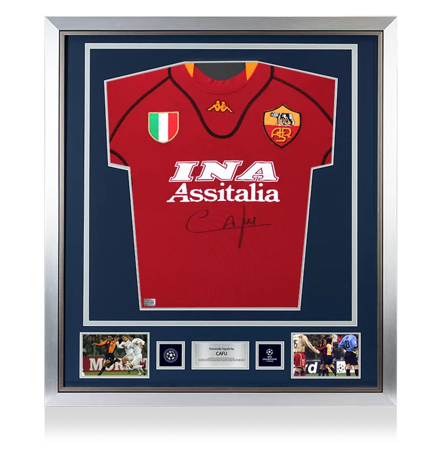 Fronte ufficiale della CAFU UEFA Champions League firmata e incorniciata come Shirt casalinga Roma 2001-02