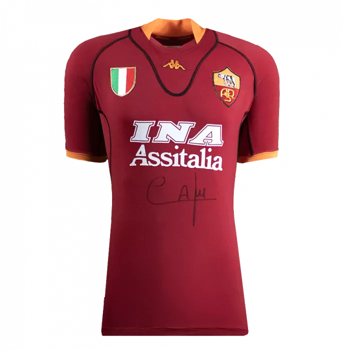 Fronte ufficiale della CAFU UEFA Champions League firmata e incorniciata come Shirt casalinga Roma 2001-02