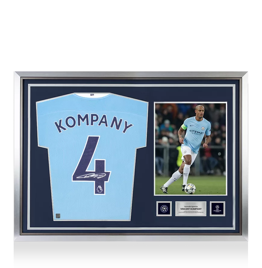 Vincent Kompany Official UEFA Champions League Back Signé et Hero Framed Manchester City 2020-21 Home Shirt