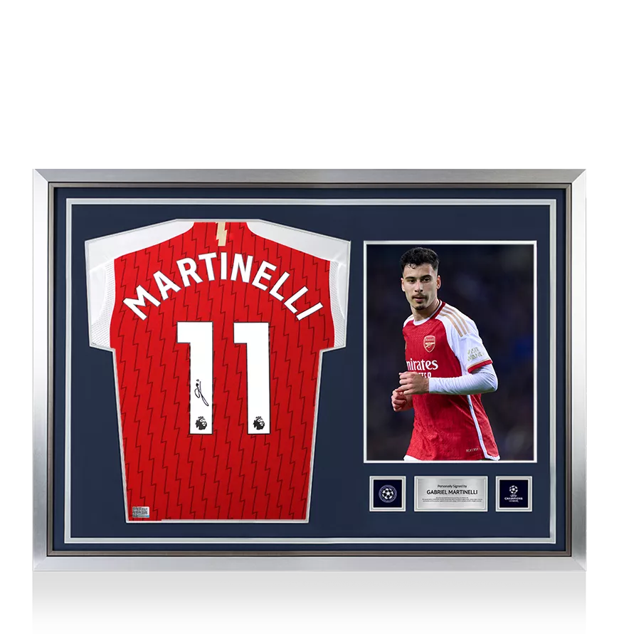 Gabriel Martinelli Official UEFA Champions League Back Signed and Hero Framed Arsenal 2024-25 Home Shirt