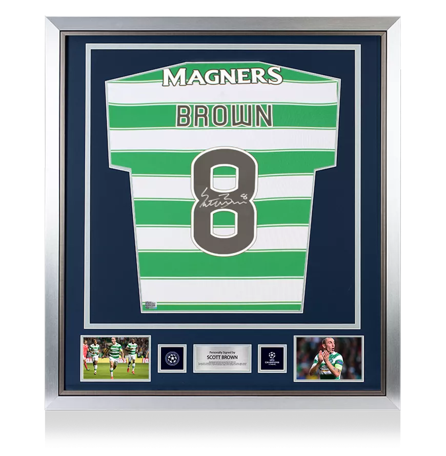 Scott Brown offizielle UEFA Champions League Rücken unterschrieben und gerahmt Celtic 2022-23 Home-Shirt