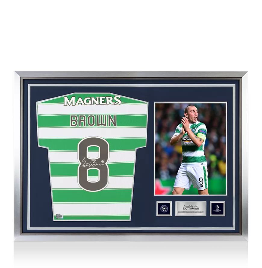 Scott Brown Offizielle UEFA Champions League Back unterschrieben und Held-gerahmt Celtic 2022-23 Home Shirt