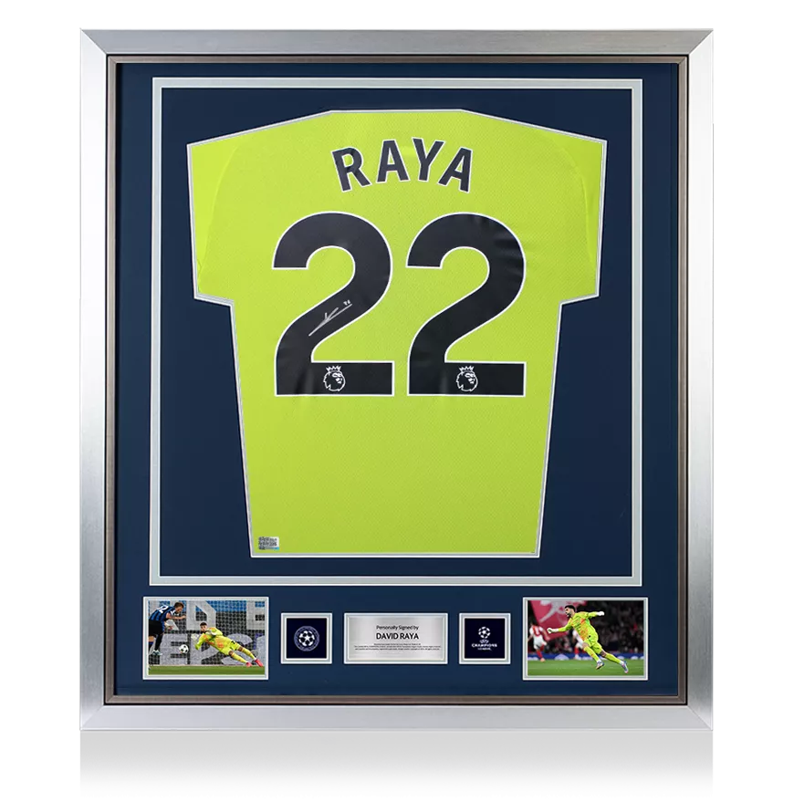 David Raya Official UEFA Champions League Back Signed and Framed Arsenal 2024-25 Home Goalkeeper Shirt