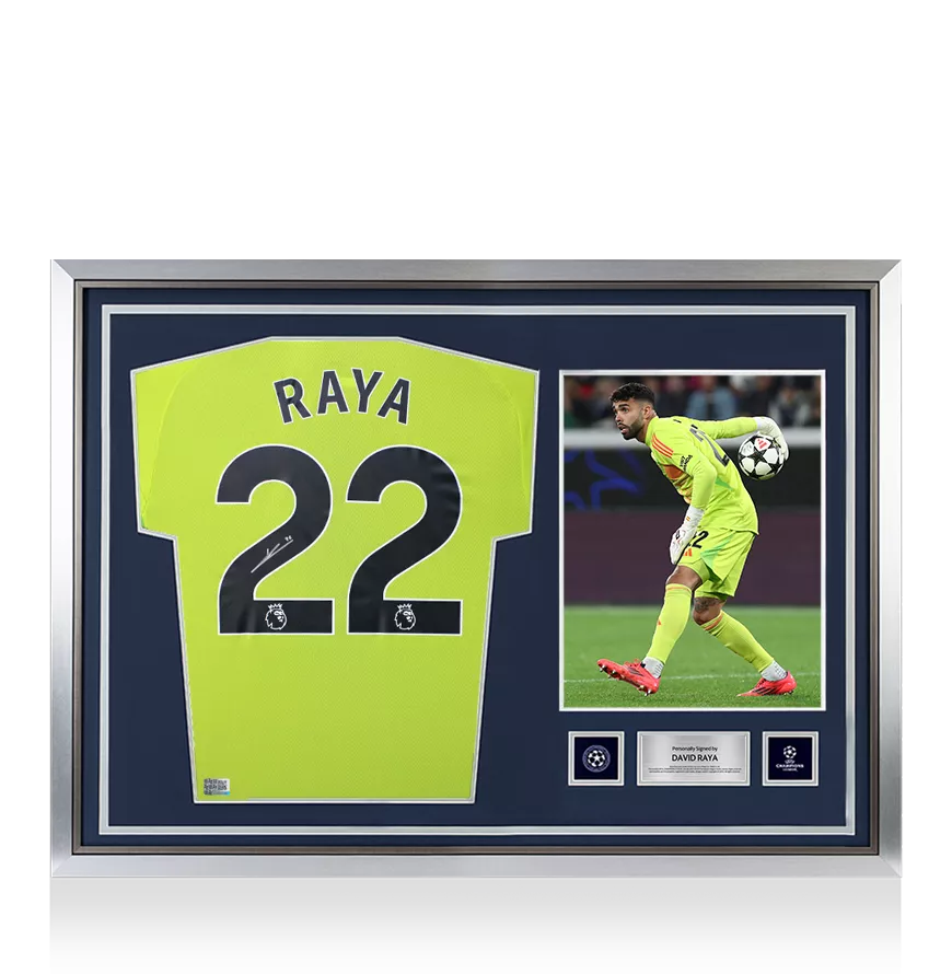 David Raya Official UEFA Champions League Back Signed and Hero Framed Arsenal 2024-25 Home Goalkeeper Shirt