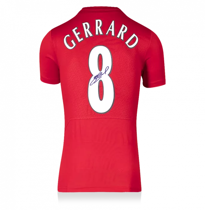 Steven Gerrard Offizieller UEFA Champions League Back unterschrieben und Held gerahmt Liverpool 2005 Home -Shirt: UEFA Champions League Final Edition