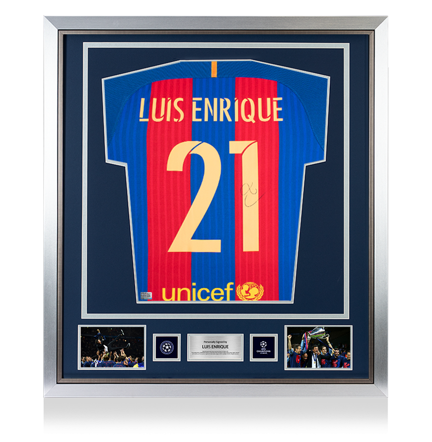 Luis Enrique Official UEFA Champions League Back Signed and Framed FC Barcelona 2016-17 Home Shirt with Fan Style Numbers