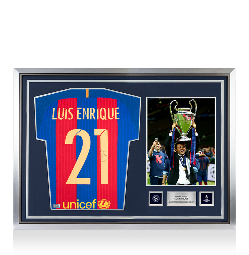 Luis Enrique Official UEFA Champions League Back Signed and Hero Framed FC Barcelona 2016-17 Home Shirt with Fan Style Numbers
