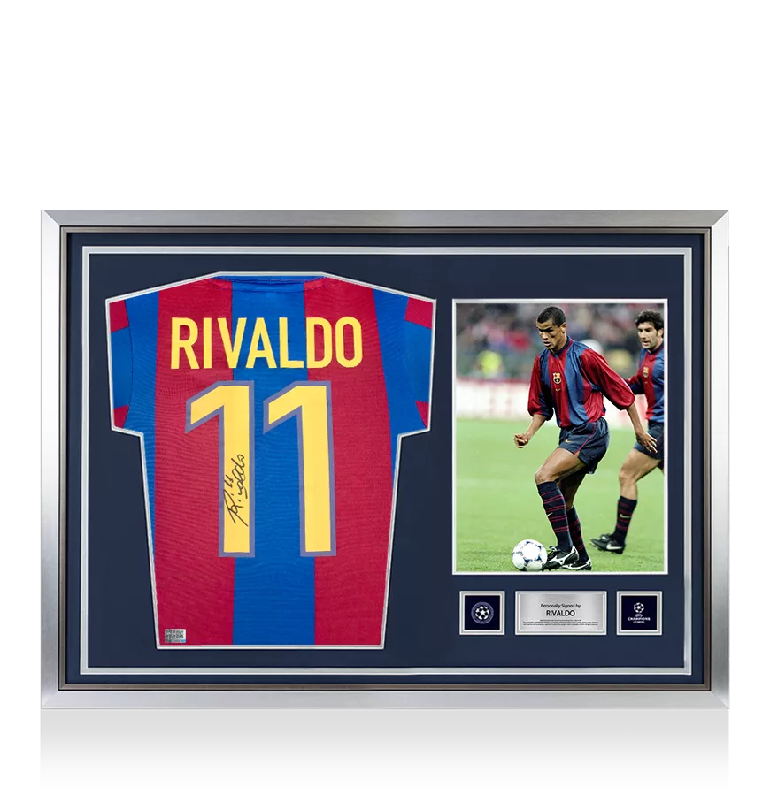 Maillot officiel Rivaldo de l'UEFA Champions League, signé et encadré, rétro, domicile du FC Barcelone
