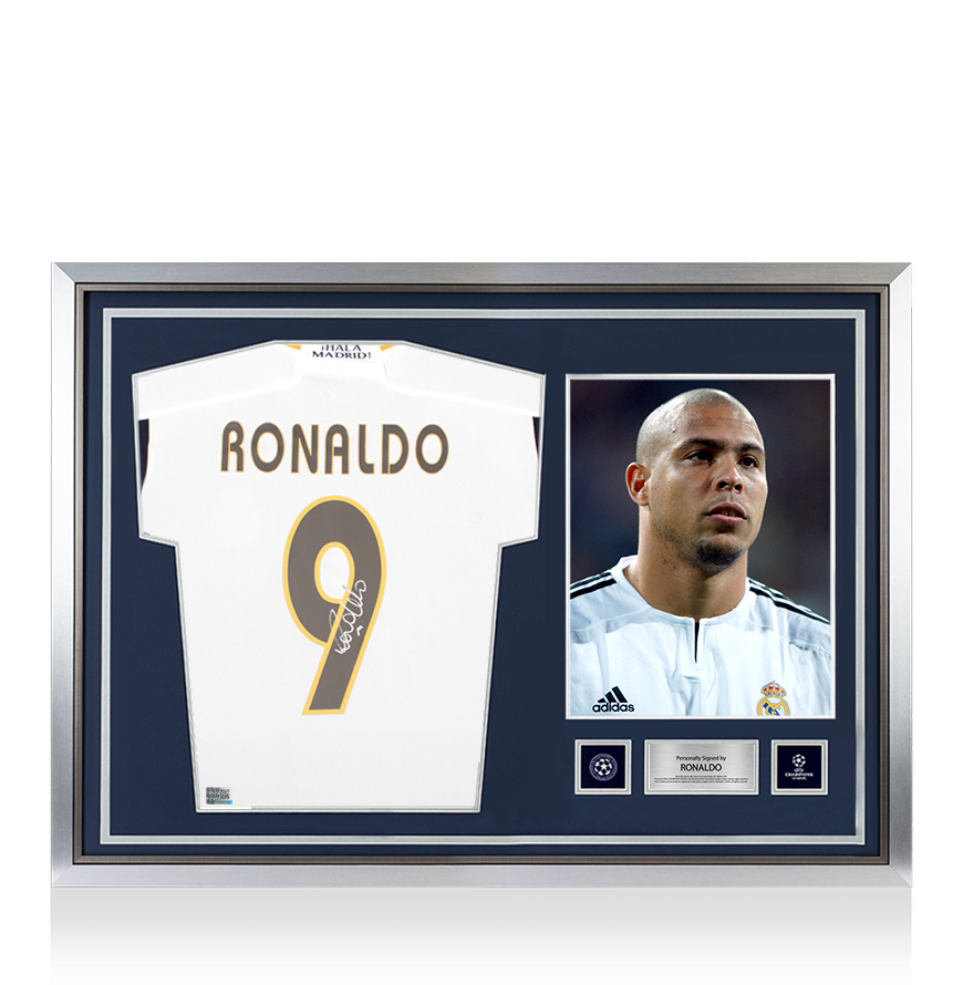Ronaldo Official UEFA Champions League Back Signed and Hero Framed Modern Real Madrid CF Home Shirt with Fan Style Numbers