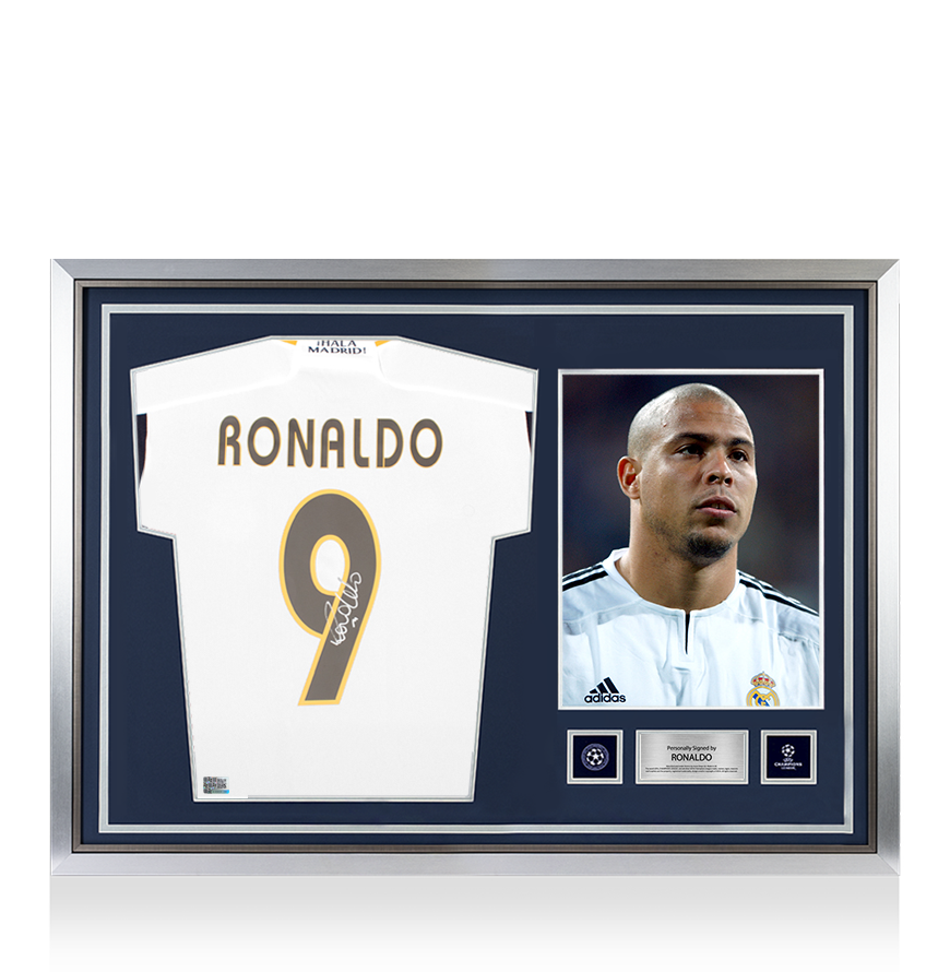 Ronaldo Official UEFA Champions League Back Signed and Hero Framed Modern Real Madrid CF Home Shirt with Fan Style Numbers