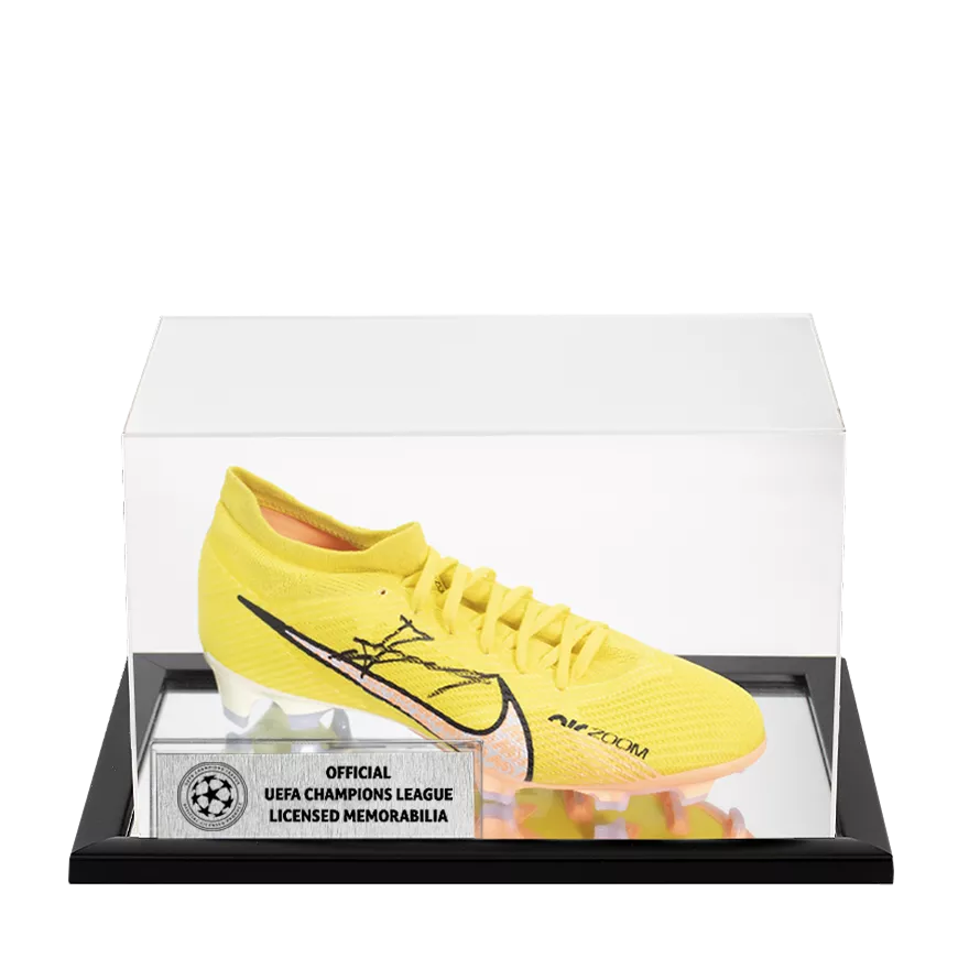 Claude Makelele Official UEFA Champions League Signed Yellow Nike Mercurial Boot In Acrylic Case