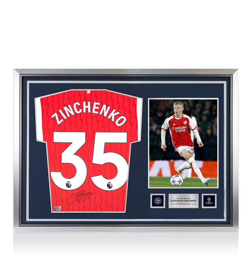 Oleksandr Zinchenko Official UEFA Champions League Back Signed and Hero Framed Arsenal 2023-24 Home Shirt