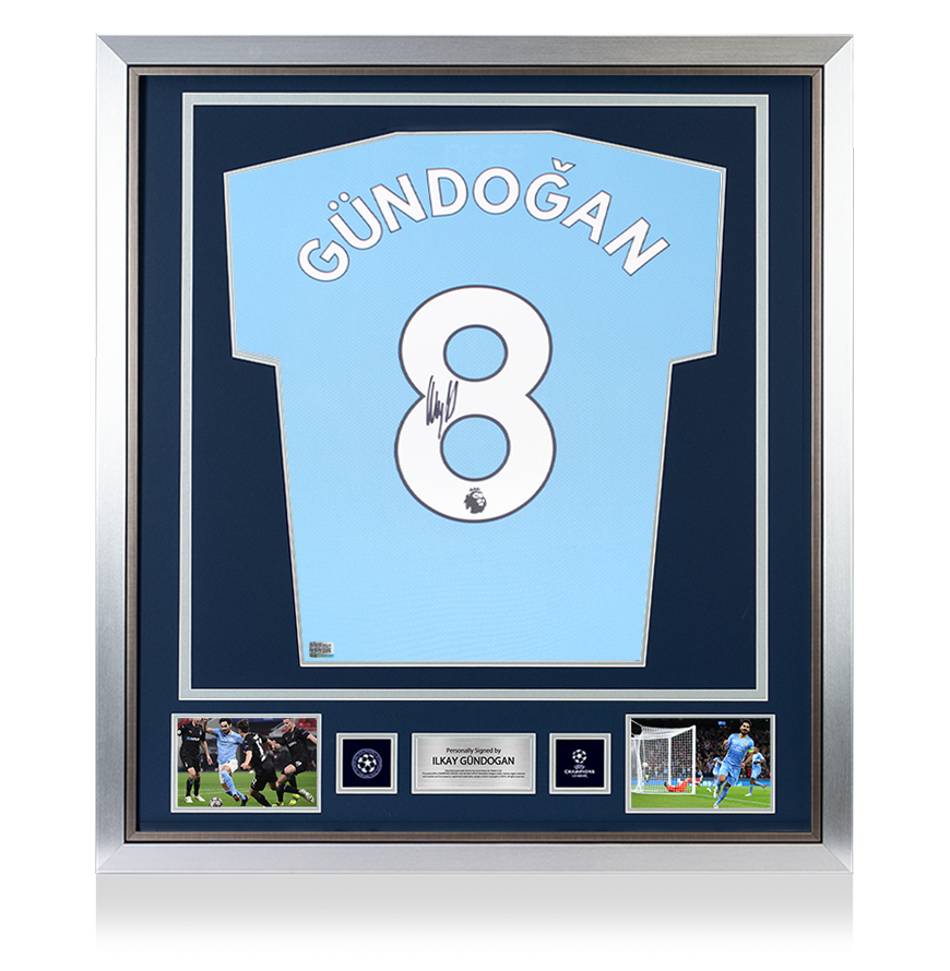 Maillot officiel de l'UEFA Champions League 2021-22 de Manchester City signé et encadré par Ilkay Gundogan