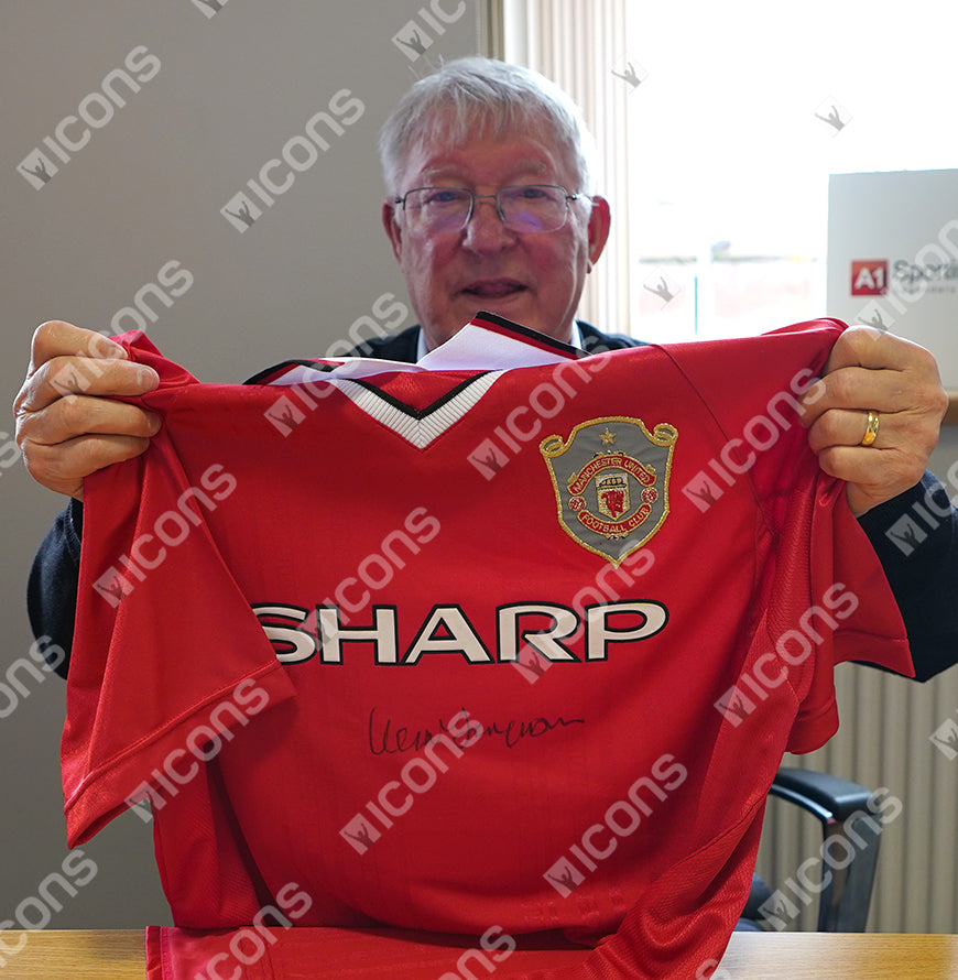 Teddy Sheringham & Sir Alex Ferguson Official UEFA Champions League Signed and Framed Manchester United 1999 Home Shirt