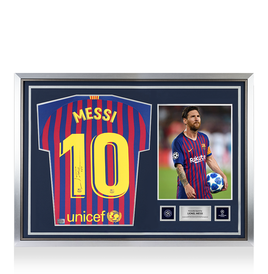 Lionel Messi Official UEFA Champions League Official Back Signed and Hero Framed FC Barcelona 2018-19 Home Shirt