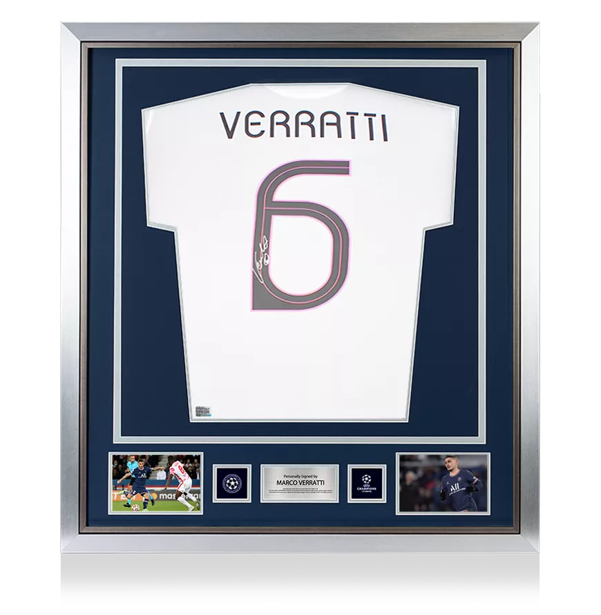 Marco Verratti Official UEFA Champions League Back Signed and Framed Paris Saint-Germain 2021-22 Away Shirt