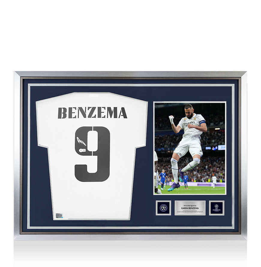Karim Benzema Official UEFA Champions League Back Signed and Hero Framed Real Madrid 2022-23 Home Shirt
