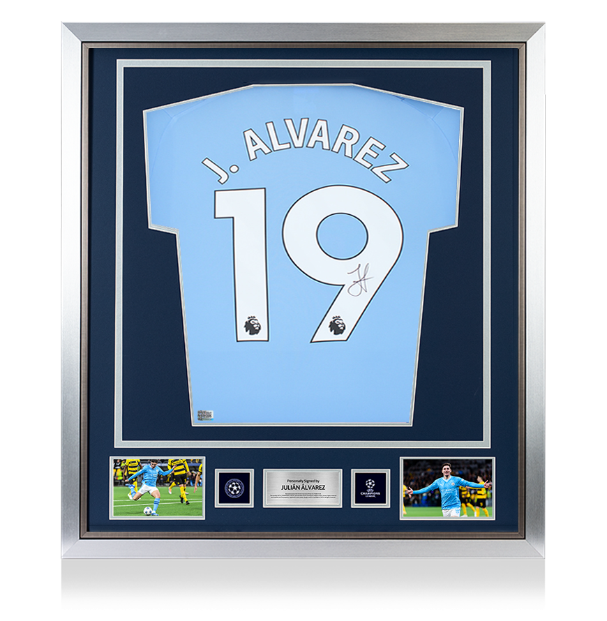 Julian Alvarez Official UEFA Champions League Back Signed and Framed Manchester City 2023-24 Home Shirt