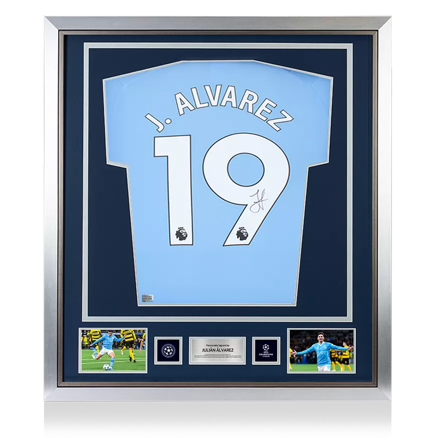 Julian Alvarez ufficiale UEFA Champions League Back e incorniciato Manchester City 2023-24 Shirt casalingo