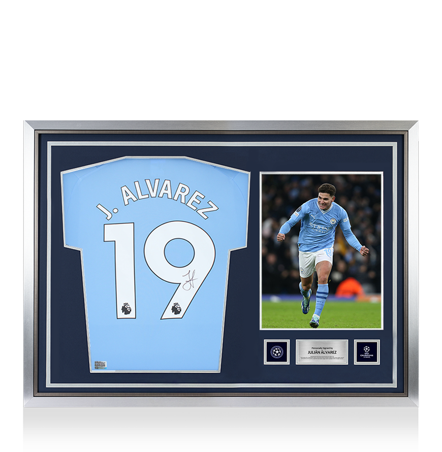 Julian Alvarez Official UEFA Champions League Back Signed and Hero Framed Manchester City 2023-24 Home Shirt