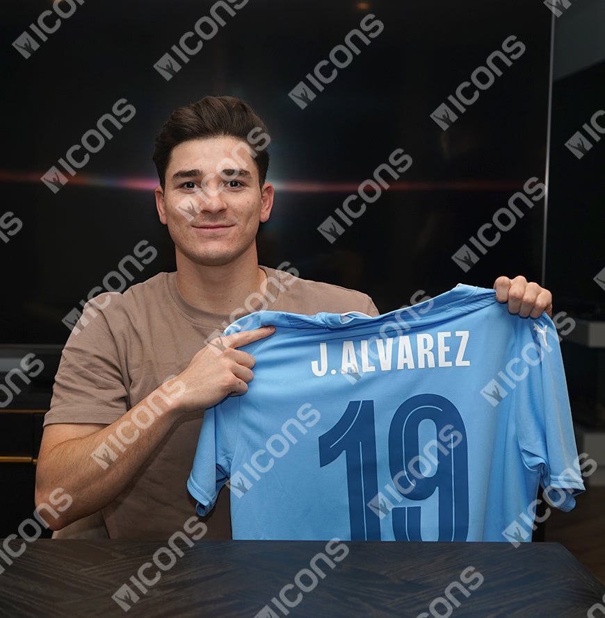 Julian Alvarez Official UEFA Champions League Back Signed and Framed Manchester City 2023-24 Home Shirt