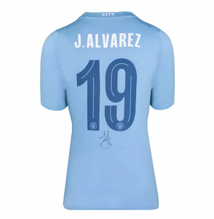 Julian Alvarez Ufficiale UEFA Champions League Back e Hero incorniciati Manchester City 2023-24 Shirt domestico