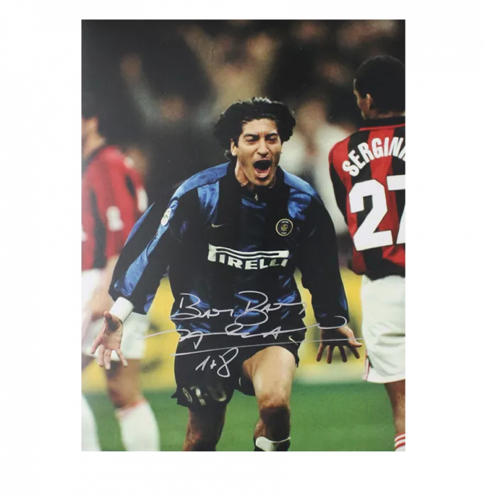 Ivan Zamorano Official UEFA Champions League Signed and Framed Internazionale Photo in Silver: Milan Derby Goal