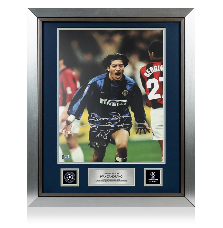 Ivan Zamorano Official UEFA Champions League Signed and Framed Internazionale Photo in Silver: Milan Derby Goal