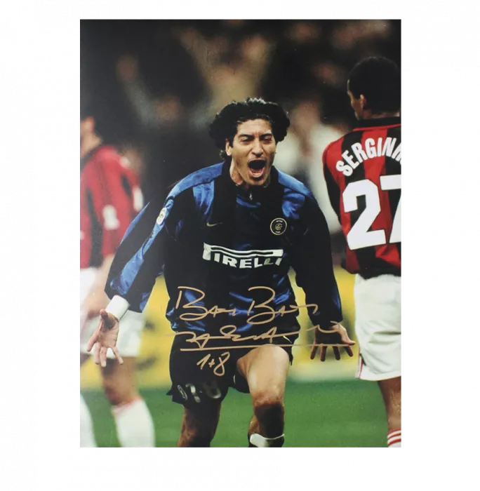 Ivan Zamorano Official UEFA Champions League Signed and Framed Internazionale Photo in Gold: Milan Derby Goal