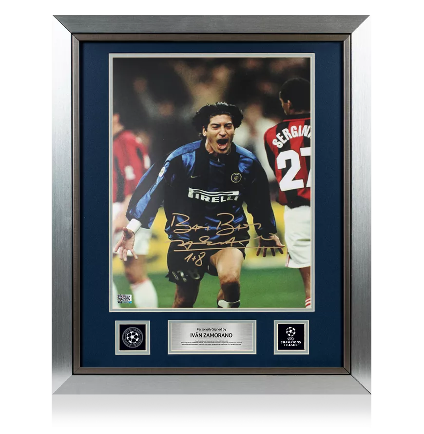 Ivan Zamorano Official UEFA Champions League Signed and Framed Internazionale Photo in Gold: Milan Derby Goal