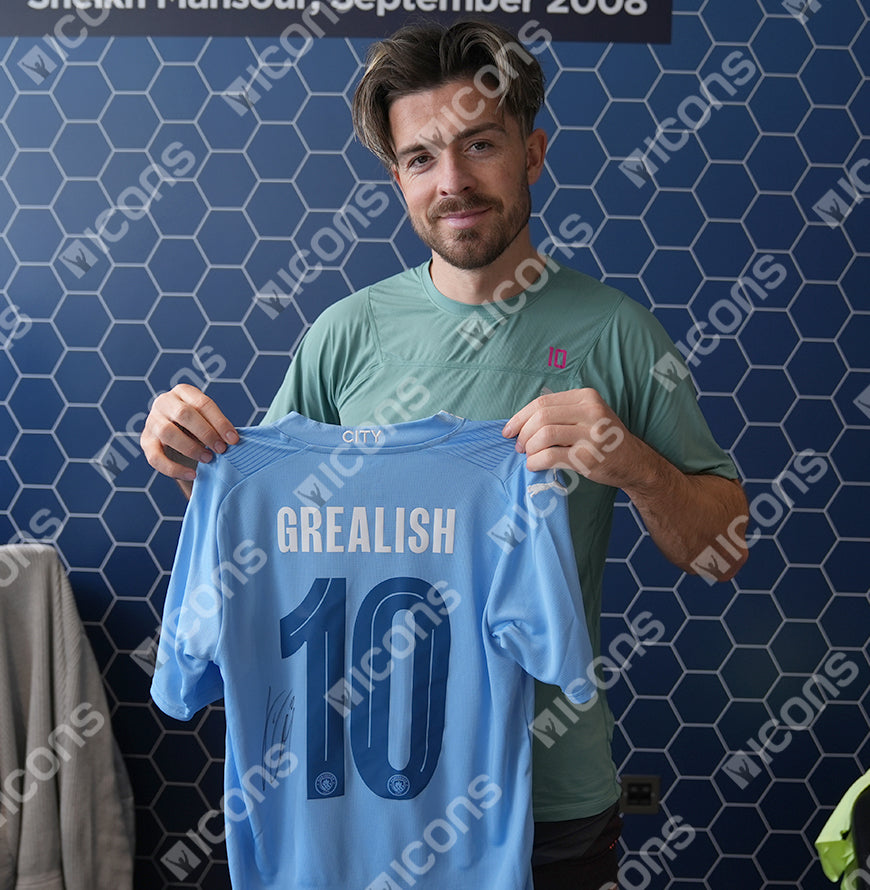 Jack Grealish Official UEFA Champions League Back Signed and Framed Manchester City 2023-24 Home Shirt
