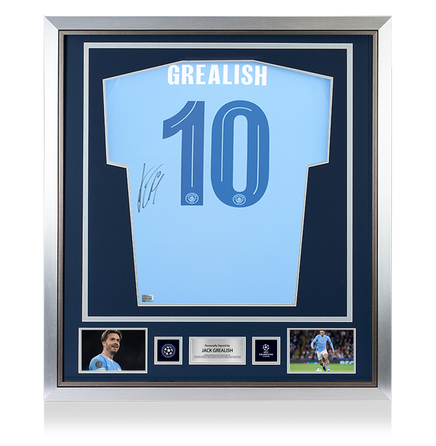 Jack Grealish Official UEFA Champions League Back Signed and Framed Manchester City 2023-24 Home Shirt