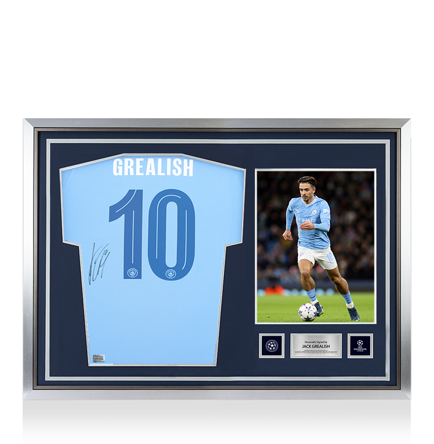 Jack Grealish Official UEFA Champions League Back Signed and Hero Framed Manchester City 2023-24 Home Shirt