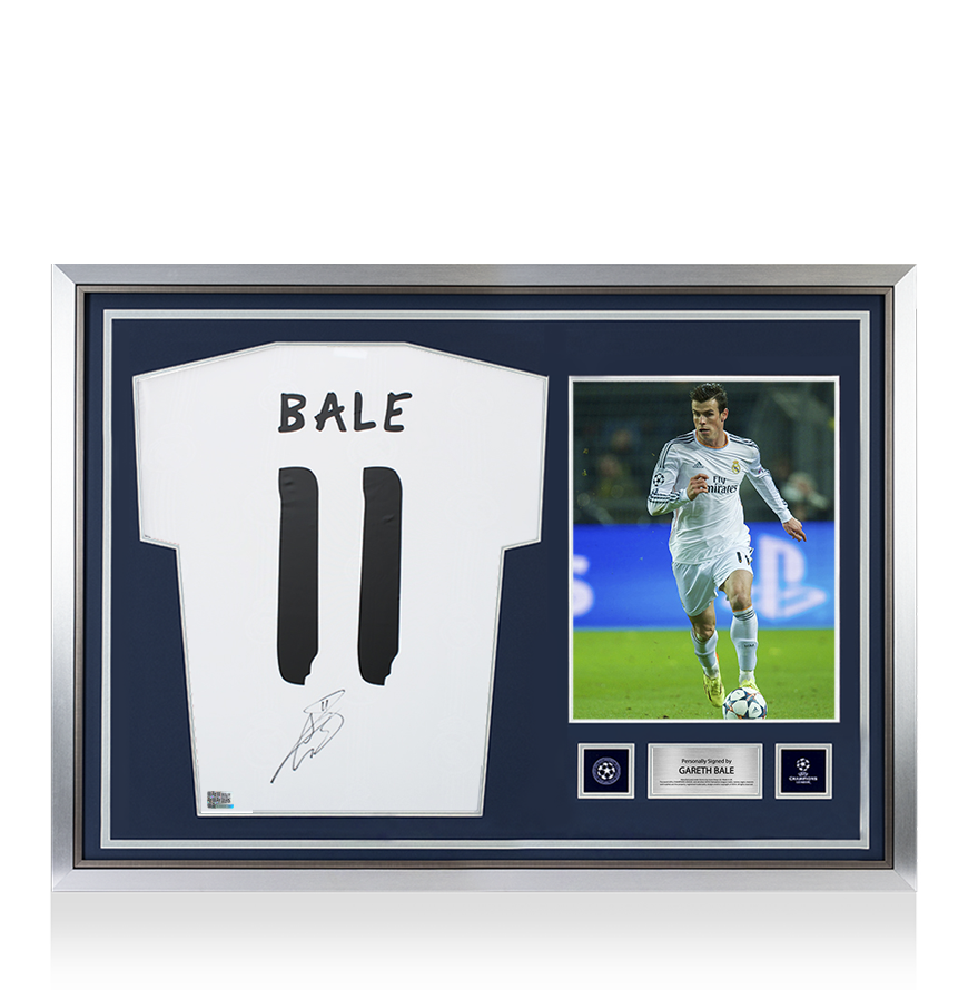 Gareth Bale Official UEFA Champions League Back Signed and Hero Framed Real Madrid Modern Home Shirt with Fan Style Numbers