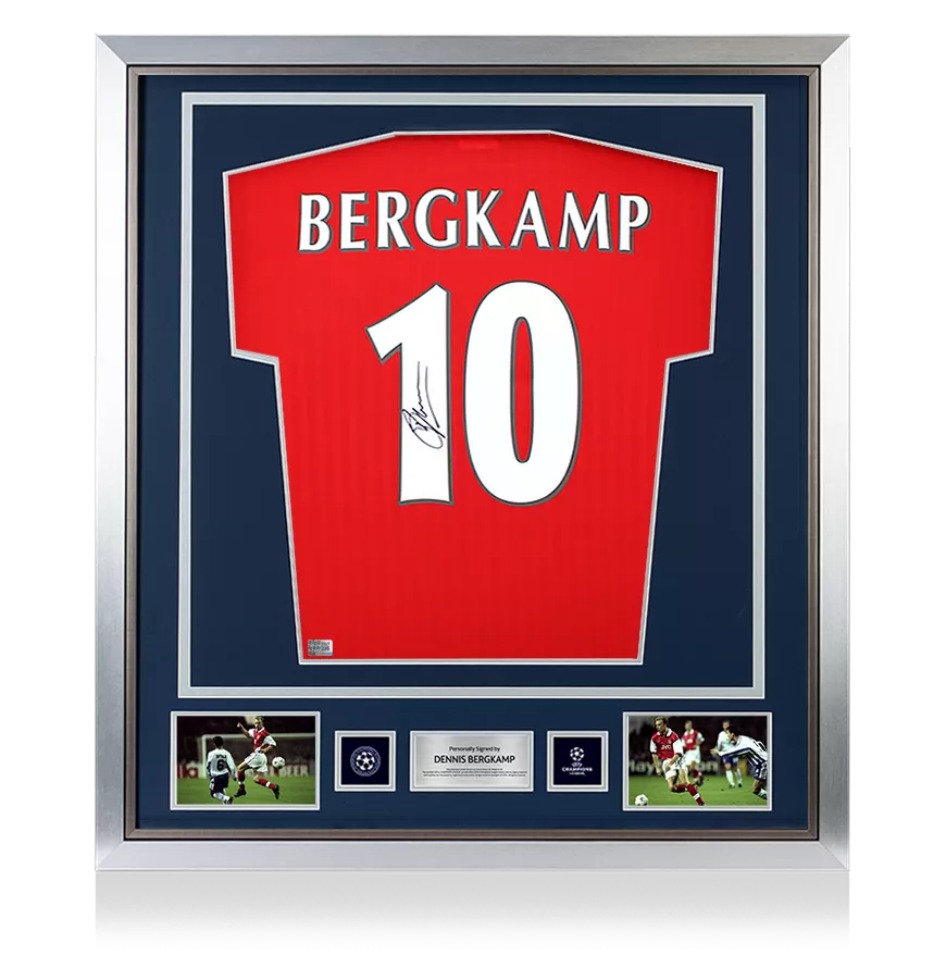 Dennis Bergkamp Official UEFA Champions League Back Signed and Framed Arsenal Icon Home Shirt with Fan Style Numbers