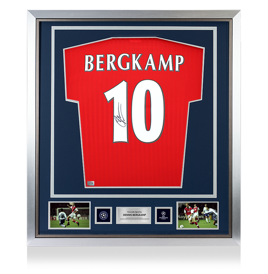 Dennis Bergkamp Official UEFA Champions League Back Signed and Framed Arsenal Icon Home Shirt with Fan Style Numbers