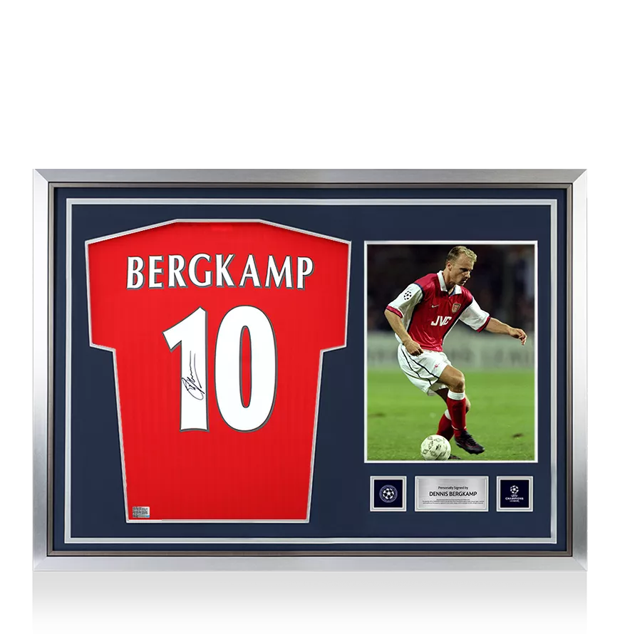 Dennis Bergkamp Official UEFA Champions League Back Signed and Hero Framed Arsenal Icon Home Shirt with Fan Style Numbers